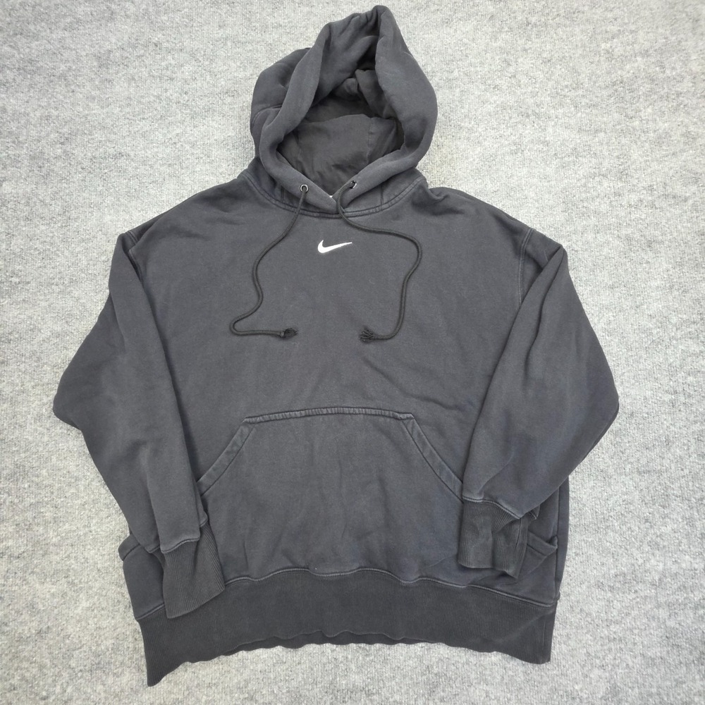Nike Hoodie Women L Black Oversized Center Swoosh Fleece Baggy 90s Hoops